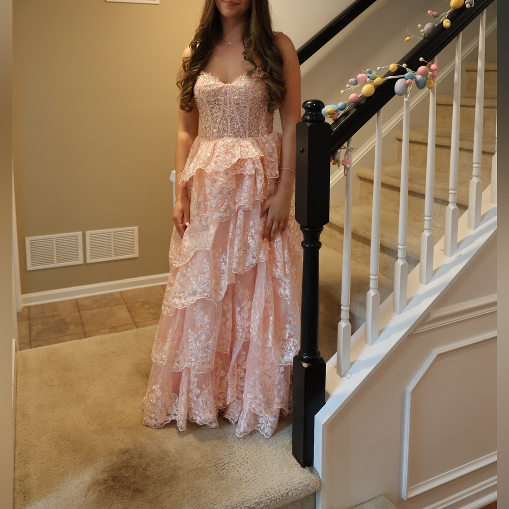 Jovani Pinky Peach Embroidered Dress